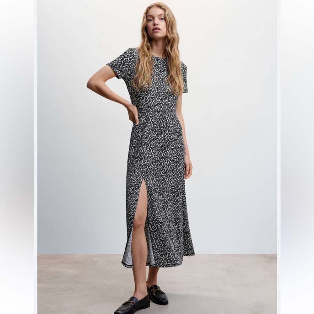 Mango Stretchy Black & White Floral Midi-Length Dress